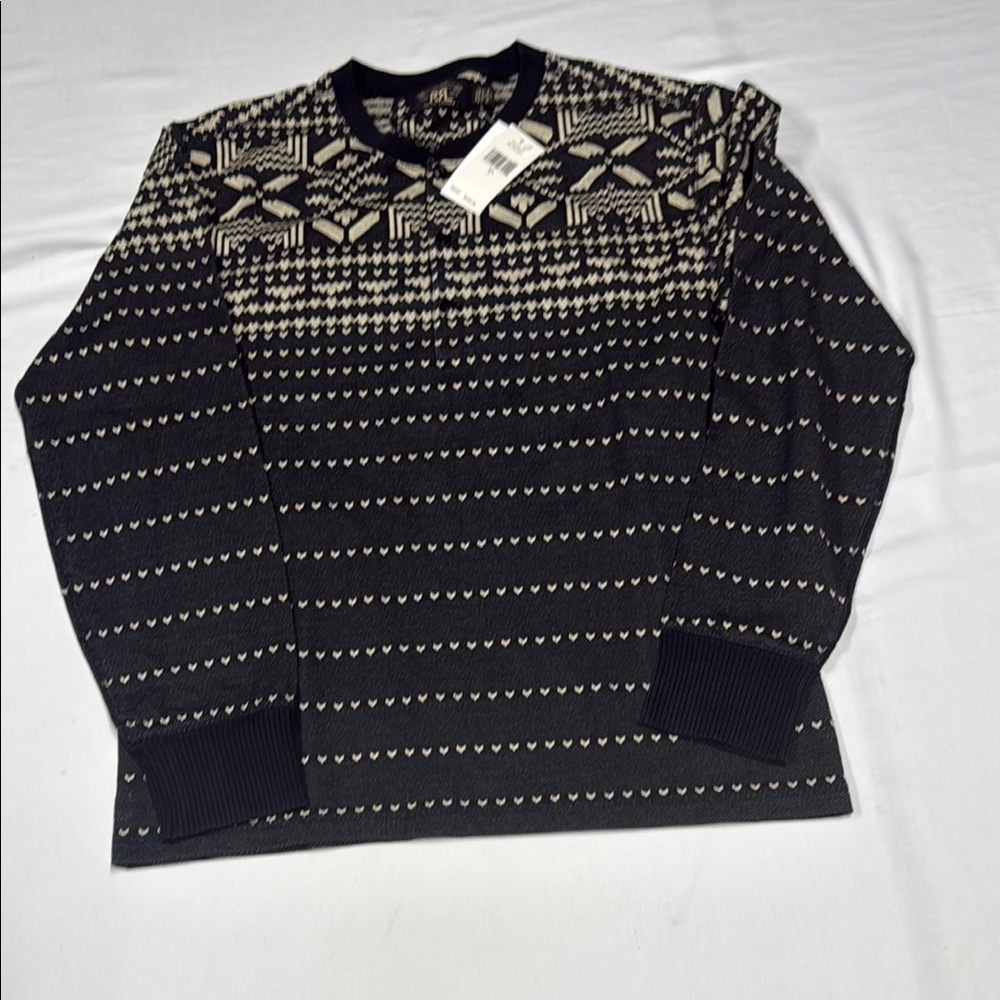 Ralph Lauren Double RL Crewneck Sweater Black and Cream Nordic Style.